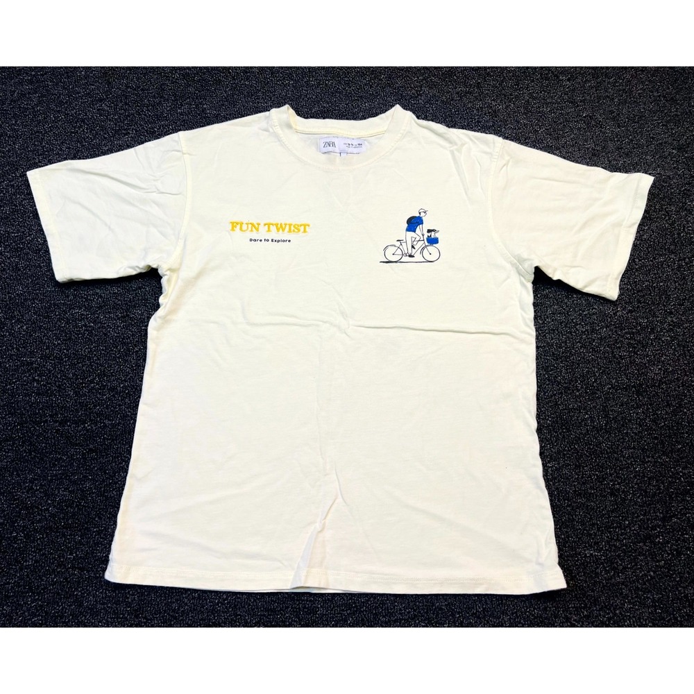 Zara T Shirt Boy 13-14Y Cream Embroidered Fun Twist Dare To Explore Bicycle Logo